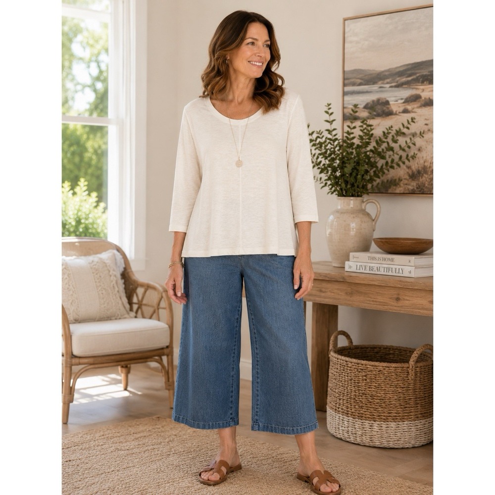 Habitat Size XL Ivory 100% Cotton Slub Knit Swing Top 3/4 Sleeve Lagenlook